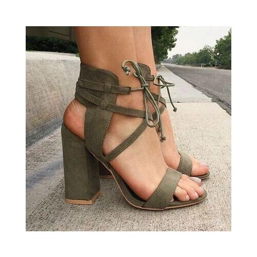 Women Solid Color Flock Leather High Chunky Heel Sandals Ankle Lace Up Open Toe Party Dress Shoes Free Ship High Quality