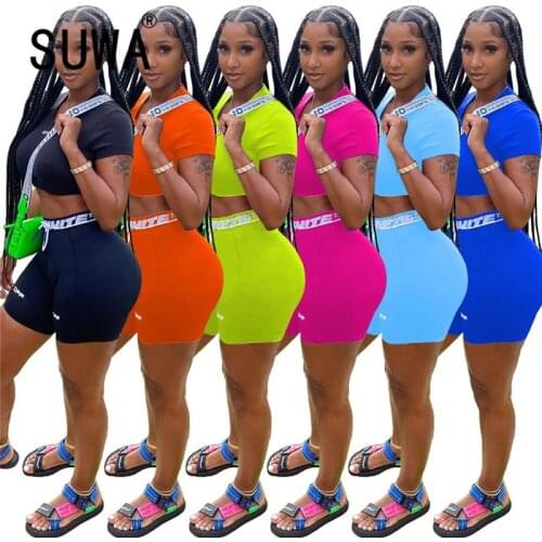 O neck short sleeve simple pure color crop top and hot short 2 pieces set high street casual lady fashion tracksuits