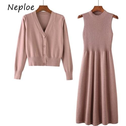 Neploe Two Piece Women 2021 New Autumn Sleeveless Vest Sweater Woman Dress + Woolen Loose Long Sleeve Knitted Cardigan Women