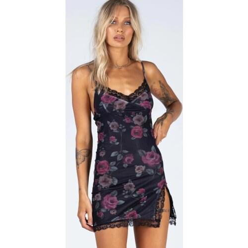 Women´s Sexy Bodycon Mini Dress, Cute V Neck Spaghetti Strap Sleeveless Lace Trim Split Hem Cami Dress korean fashion