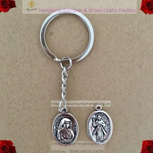 Antique Silver keyring, religious keychain, saint keyring, icon pendant keychain with S. faustina and Divine Mercy pendant charm