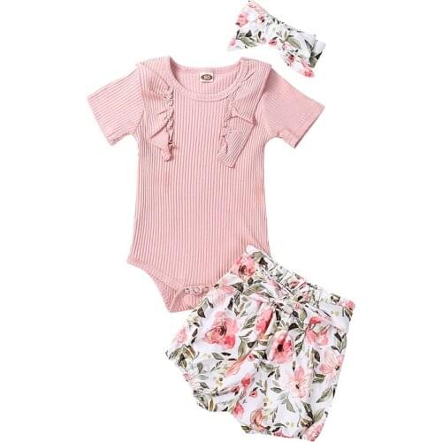 Baby Girl Clothes Pink Short Sleeve Ruffle Button Closure Romper Short Flower Print Waist Belt Pants Childrens Clothing 0-24M