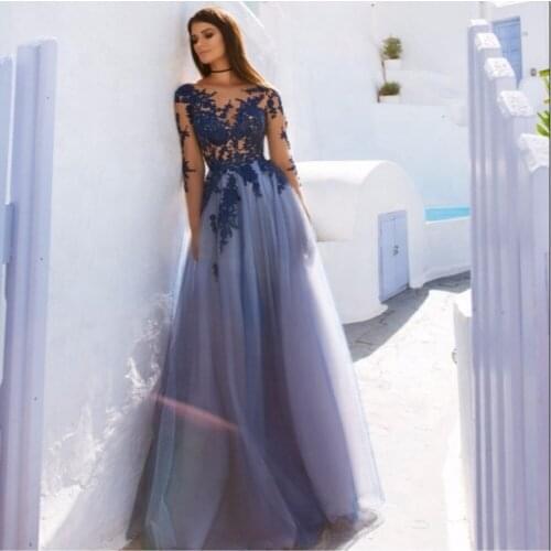 Elegant Prom Dress With Illusion Long Sleeves Applique Tulle Women Evening Wear Gown