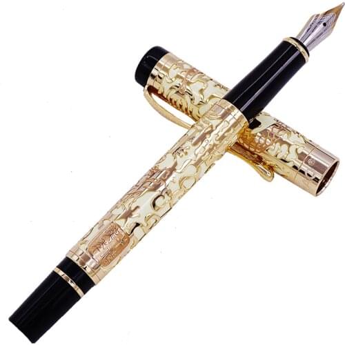 Jinhao 5000 Vintage Luxurious Metal Fountain Pen Beautiful Dragon Texture Carving, Yellow & Golden Ink Pen for Office Business