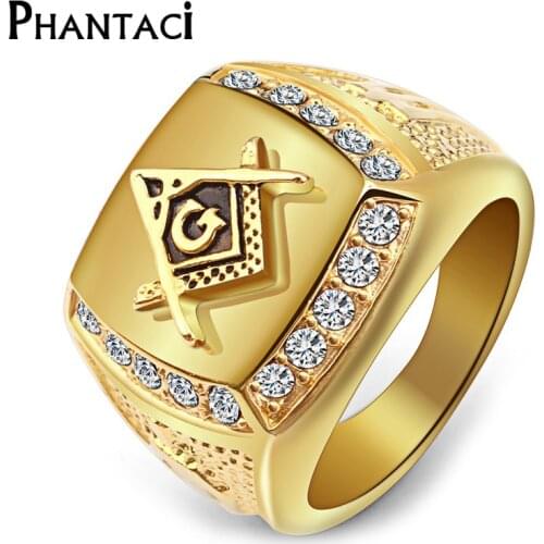 Vintage Crystal Gold Color Stainless Steel Rings For Men Free Mason Freemasonry Big Punk Titanium Male Ring Jewelry Mens