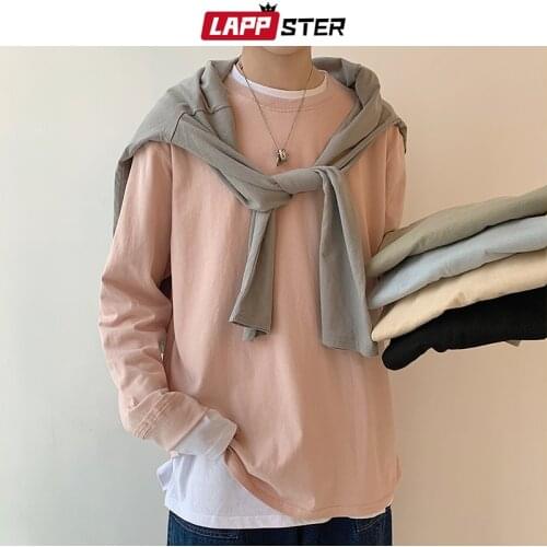 LAPPSTER Men Graphic T Shirts Long Sleeve Cotton 2021 Mens Oversized Harajuku Beige Loose Korean Tops Male White Solid Clothing
