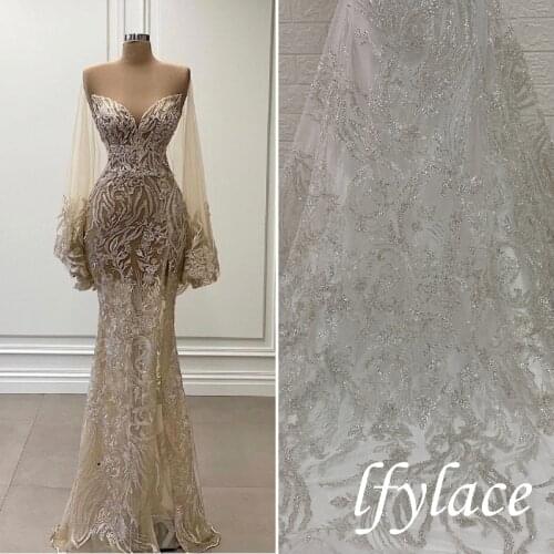 LFY 2021 New High Quality Gorgeous Sliver Bead OFF White Tulle Embroidery Lace Fabric French Wedding Evening Gown Lace Fabric