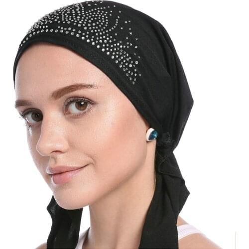 Muslim Women Head Scarf Chemo Hat Turban Pre-Tied Headwear Bandana Tichel Cancer Hair Loss Hot Drill Head Wrap Stretch Caps
