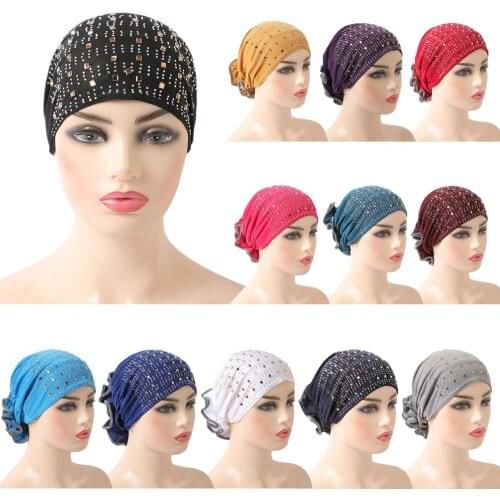 Muslim Women Flower Cancer Chemo Hat Bonnet Hair Loss Cap Islamic Turban Cap Head Wrap Cover Beanies Skullies Arab Rhinestone
