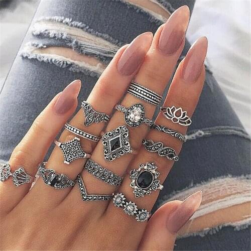 Wholesale 15pcs/Set Bohemia Hot Sale Geometric Rings Set Lotus Flower Carved Black Knuckle Rings Women Ring Set Dropshipping