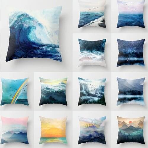 Pillow Cushion Cover Oil Painting Ocean Wave Mountains Forest Pillow Cover Sofa Throw Pillows Decorative Christmas Pillow Case