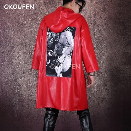 2019 new PU loose cloak stage performance hip hop dance costume nightclub male singer red leather windbreaker hooded jacket coat