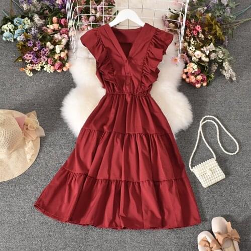 Holiday Beach V-Neck Sleeve Dresses High Waist Thin Cake Solid Color Women A-Line Dresses Summer Tank Casual Ruffles Dresses