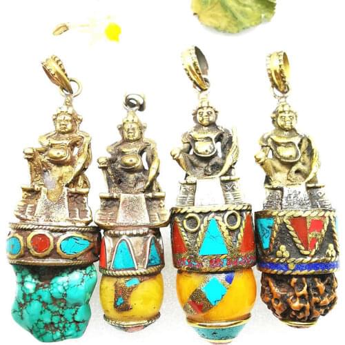 TBP665 Tibetan Golden /Yellow Treasure God Amulet Pendants Nepali Handicrafts Rudraksha Shell Stone Beeswax