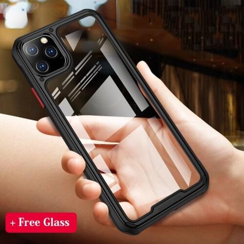 Transparent Anti-knock Phone Cases for iPhone 11 Pro Max Protect Hybrid TPU+PC Shockproof full Cover with Free Glass