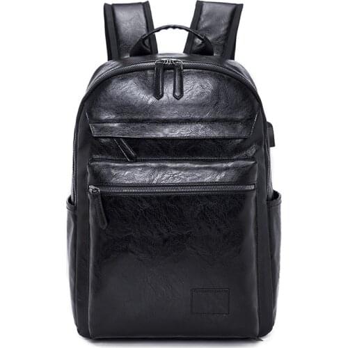 New business mens backpack student casual bag PU leather travel backpack external USB backpack male