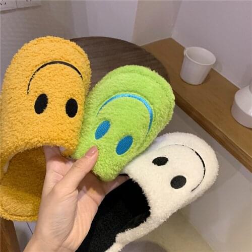 Winter Womens Slippers Smile Face Indoor Comfy Sole Soft Cotton Plush Flat Slides Zapato De Mujer Couple Shoes Winter Hairy Fur