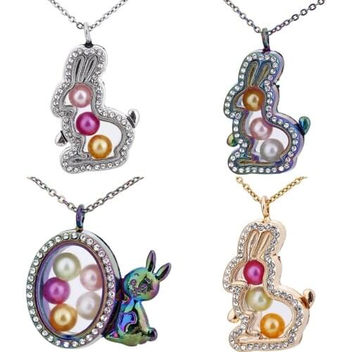 Rhinestone Locket Pendant 50cm Steel Chain Cute Rabbit Magnetic Glass Living Memory Floating Glass Locket Necklace