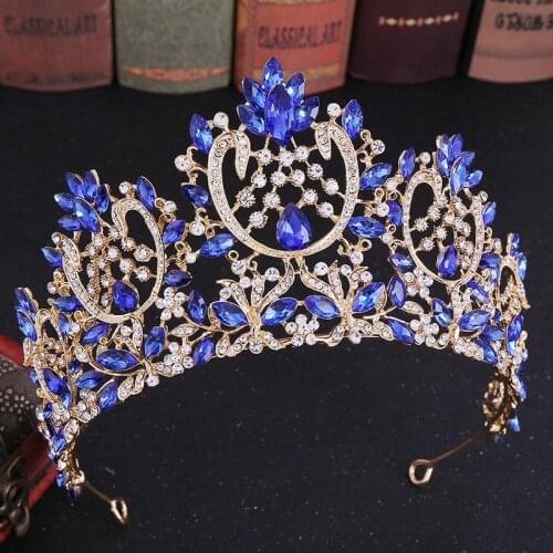 FORSEVEN Baroque Red Blue Gold Crystal Tiara Crowns Women Girl Princess Bridal Bride Wedding Party Headwear Hair Jewelry