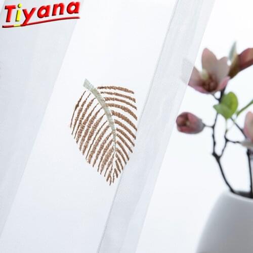 Coffee Color Small Leaves Embroidery Tulle Curtains for Living Room Idyllic Plant Transparent Gauze for Balcony X-HM461*30