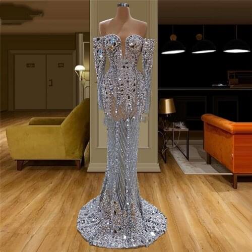Off Shoulder Full Beaded Evening Dress Handmade Pearls Crystals Saudi Arabia Party Dresses See Through Prom Dress Robe De Soiree
