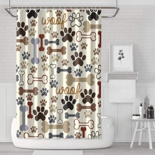Dog Bones & Paw Prints Cream Color Waterproof Fabric Shower Curtain Liner Covered Bathtub Bathroom Curtains 71 X 71 Inches