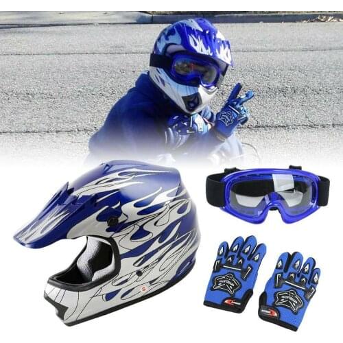 DOT Youth Kids Safety Helmet Blue Flame Dirt Bike ATV MX Motocross Helmet Goggles+gloves protection safety helmet S M L XL