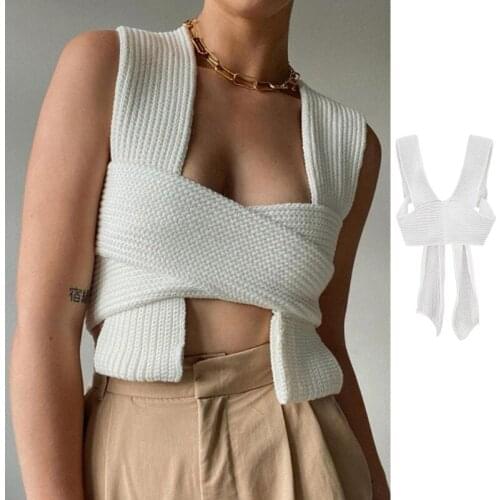 Women Knitted DIY Bandage Tank Top Sweater Solid Color Crop Top Lace-Up Vest 50JB