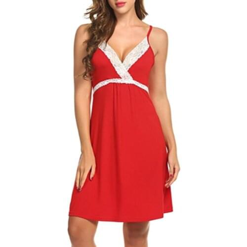 Women Sexy Lingerie Lace V Neck Spaghetti Strap Sleeveless Backless Solid Color Sleepwear Female Dress Nightwear