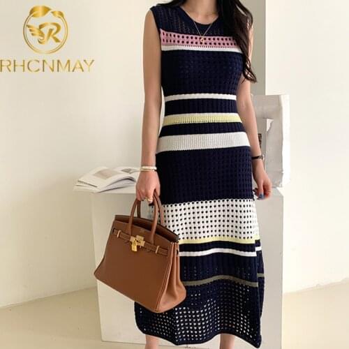 New Summer Fashion Hollow Out Knitted Dresses Women Sleeveless Striped Patchwork Sweater Mermaid Dress Vintage