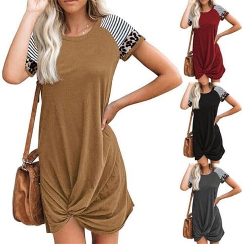 2021 cross-border European and American womens spring and summer raglan fashion print stitching knot short-sleeved dress