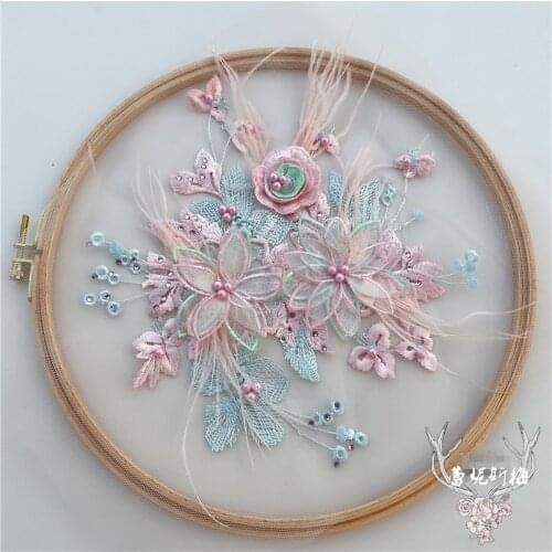 1Pc 2Colors Feather decoration 3d Handmade Beaded Lace Flowers diy material lace applique Patch Cloth BD0767