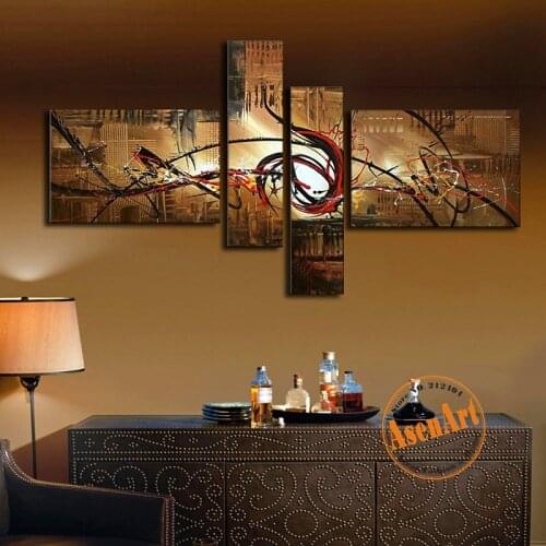 4pcs Hand-painted Brown Oil Painting Set Modern Abstract Oil painting Unframed Canvas Wall Art for Living Room Art wall picture