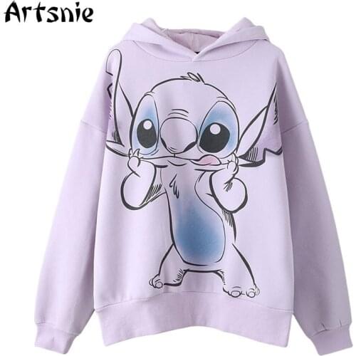 Artsnie Disney Cartoon Oversized Sweatshirt Women Spring 2021 Hooded Long Sleeve Fleece Hoodies Streetwear Purple Sweatshirts