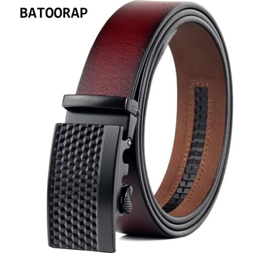 BATOORAP Designer Mens Leather Belt Ratchet Metal Buckle Vintage Jeans Waist Strap Male Cowskin High Quality Red Belt 43"-51"