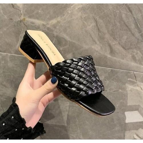 Sexy Leather Braided High Heel Sandals Women Party Slippers Woman Cross Wove Folds Mules Shoes Weave thick heel sandals