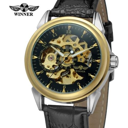 T-WINNER 2017 New Arrival Vogue Mens Steampunk Automatic Skeleton Military Black Leather Strap Analog Wrist Watch WRG8022M3T3
