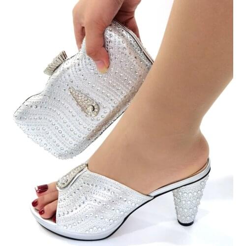 Wonderful Silver Women Shoes Match Purse With Crystal Decoration African Dress Pumps And Handbag Set CR126,Heel 9CM