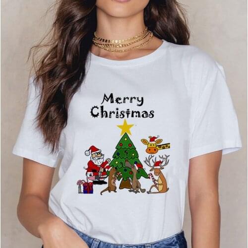FIXSYS Unisex Harajuku Tops Cartoon Santa Claus Reindeer Print T-Shirt Merry Christmas T Shirt for Women/Men Short Sleeve Tshirt