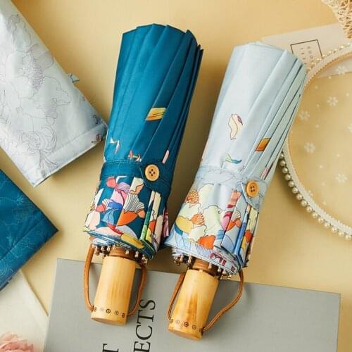 Japnese Style Flowers Umbrella Rain Women Anti UV Sun Umbrella Wooden Handle Three Folding Umbrellas Silver Coating 16K Parasol