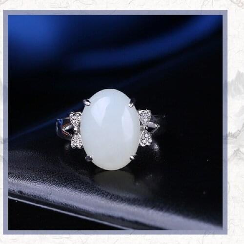 Natural Xinjiang Hetian Jade Ring Genuine 925 Silver Inlaid Jade Ring Female Model