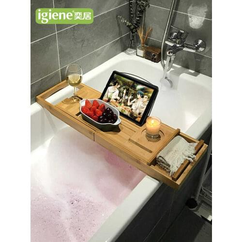 Multi-functional bathtub storage board telescopic iPad stand bath holder skid proof bathroom rack high quality bamboo