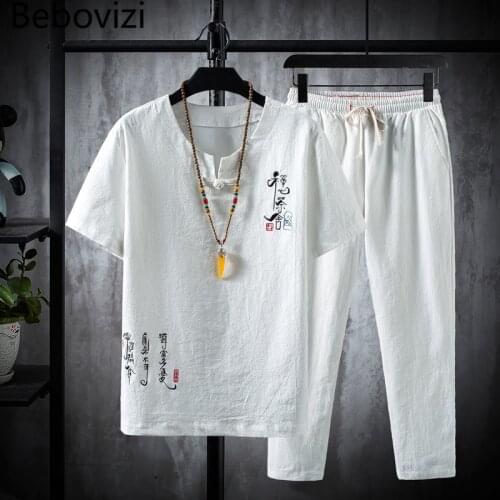 Black Grey White Cotton Linen Embroidery Hanfu Sets Summer Plus Size M-5XL Chinese Style Suit Men Asian Traditional Tang Clothes