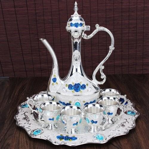 Retro Palace Wine glass Set Wedding Zinc Alloy Metal Flagon Gift Set Home Decor 8Pcs=1 Plate+ 1 Wine Pot +6Cups shot glasses set