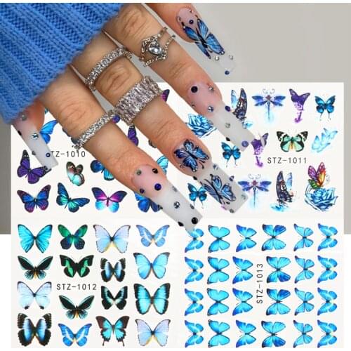 4 in 1 Summer Nails Decal Set Blue Butterfly Flowers Design Water Transfer Sticker Colorful Tattoo Decoration Tips NTSTZ984-1017