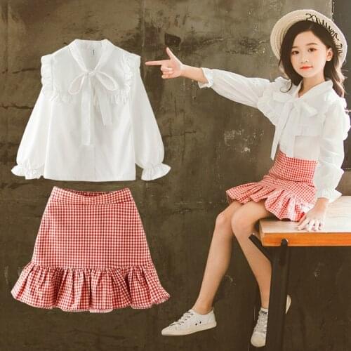 Girls 2020 Spring Autumn Skirt Set Teenager Children Fashion Lace-up Lace Shirt Plaid Fishtail Skirt 2pcs Clothing Sets