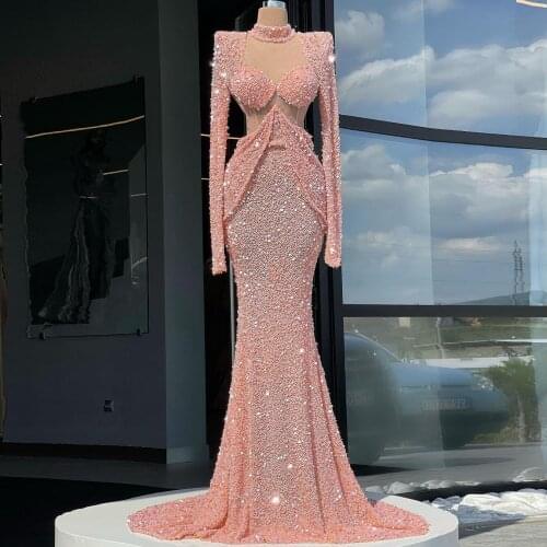 New Fashion Pink Sparkling Evening Dresses Long Sleeve Sequins Mermaid Plus Size Women Prom Pageant Elegant Gowns Custom Made
