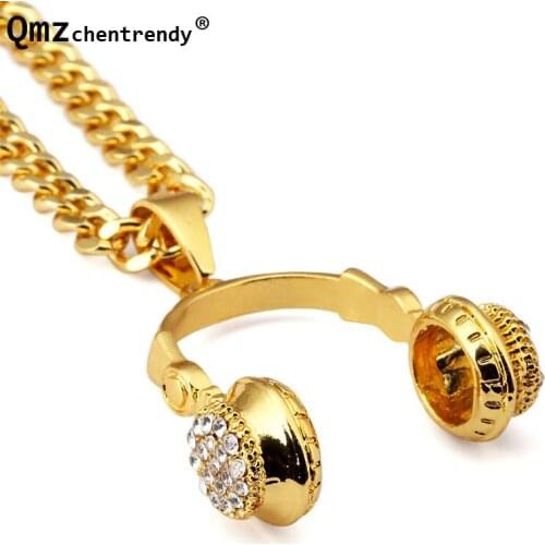 2016 New Stainless Steel hip hop Gold Jewelry Men Womens Music Headphones earphon Pendant Necklace Cuban Chain Necklace
