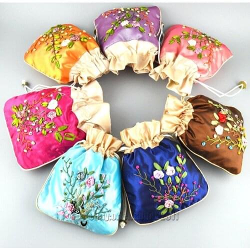 Wholesale Lots 10pcs Handmade Embroidered Silk Gift DrawsTring Bags Jewelry receive bag