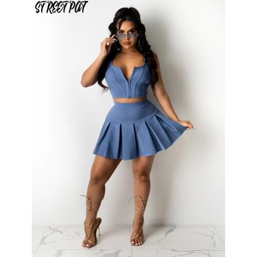 Sexy Solid 2 Two Piece Set Women Zip Halter Crop Top+Pleated Skirt Sets Summer Club Party Vacation Outfits Femme 2021